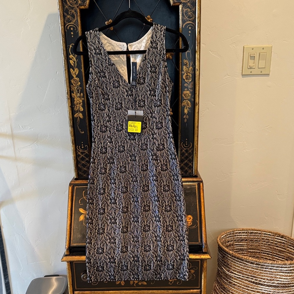 St. John Black and Gray Patterned Midi Dress